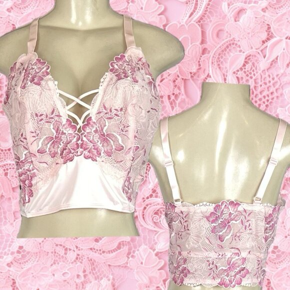 Torrid +3 Pink Unlined Fuchsia Floral Mesh Lace Caged V-Neck Longline Bralette - Picture 1 of 6